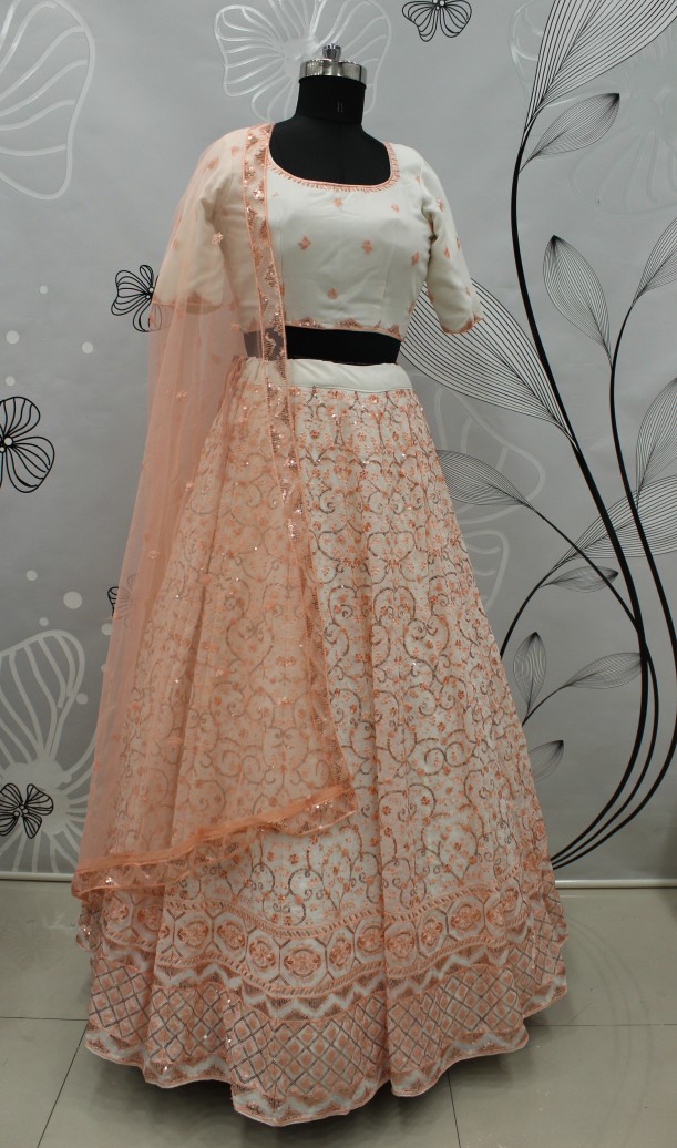 Mesmerizing Pearl White Sequins Embroidered Georgette Wedding Lehenga